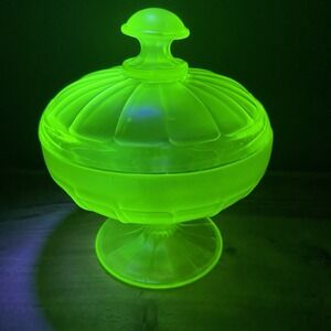 Vintage Fenton Topaz Vaseline Ribbed  Compote Candy Pedestal Bowl Iridescent